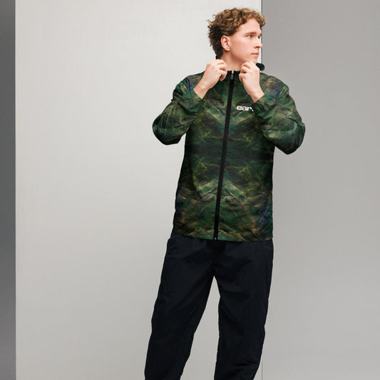 earth Hz EMERALD All-Over Windbreaker — closer front view of the green mineral pattern