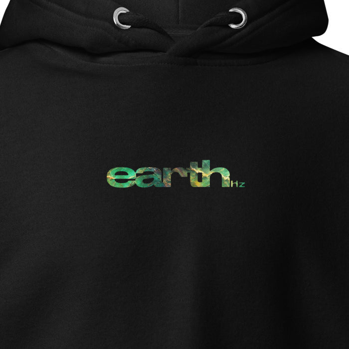 earth Hz EMERALD Hoodie, chest logo close-up
